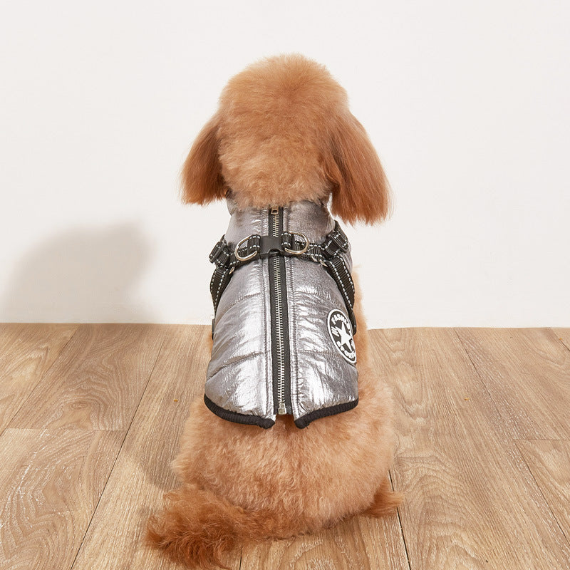 Small dog wearing a silver reflective jacket on a wooden floor.