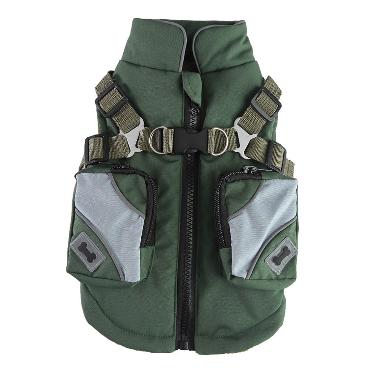 Green dog life jacket with harness on a white background