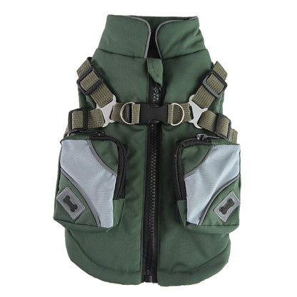 Green dog life jacket with harness on a white background