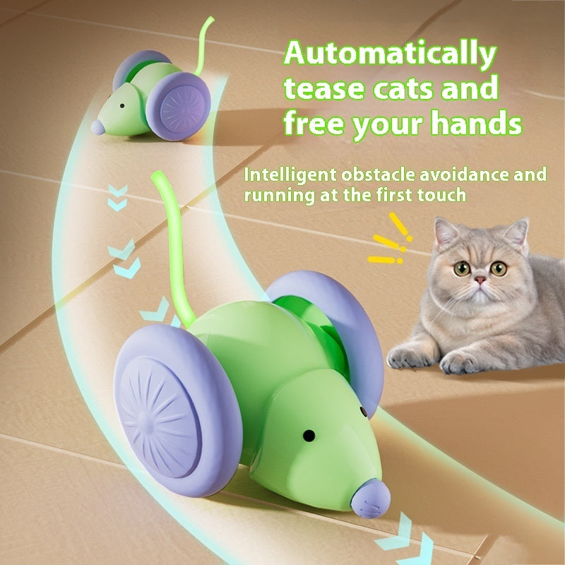 Cat toy with wheels and a cat sitting next to it on a tiled floor.