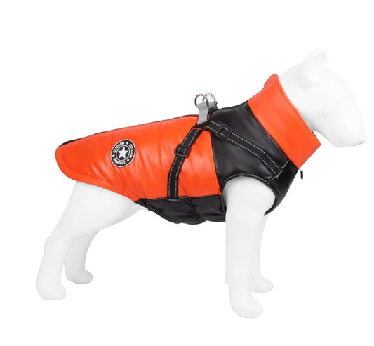 Orange and black dog life jacket on a mannequin against a white background