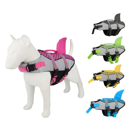 Dog life vests in various colors and designs on a white background