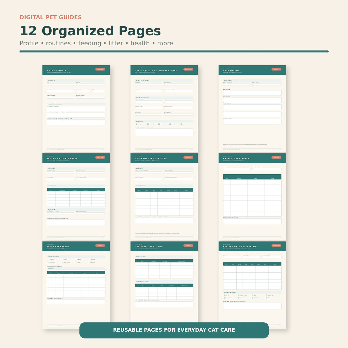 Preview of 12 organized Cat Care and Routine Planner pages