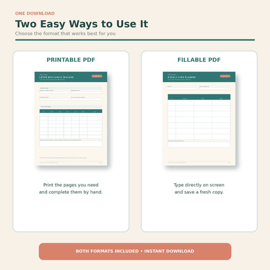 Printable and fillable PDF formats included with the Cat Care Planner