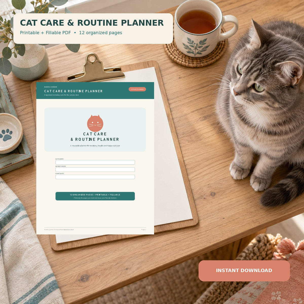 Cat Care and Routine Planner displayed on a farmhouse desk beside a gray tabby cat