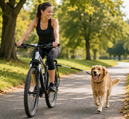 Woman riding a bicycle with a golden retriever running beside her using a bicycle dog walker leash attachment.