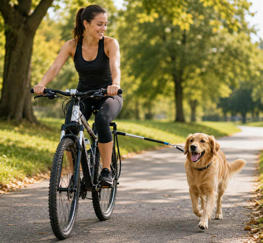 Woman riding a bicycle with a golden retriever running beside her using a bicycle dog walker leash attachment.