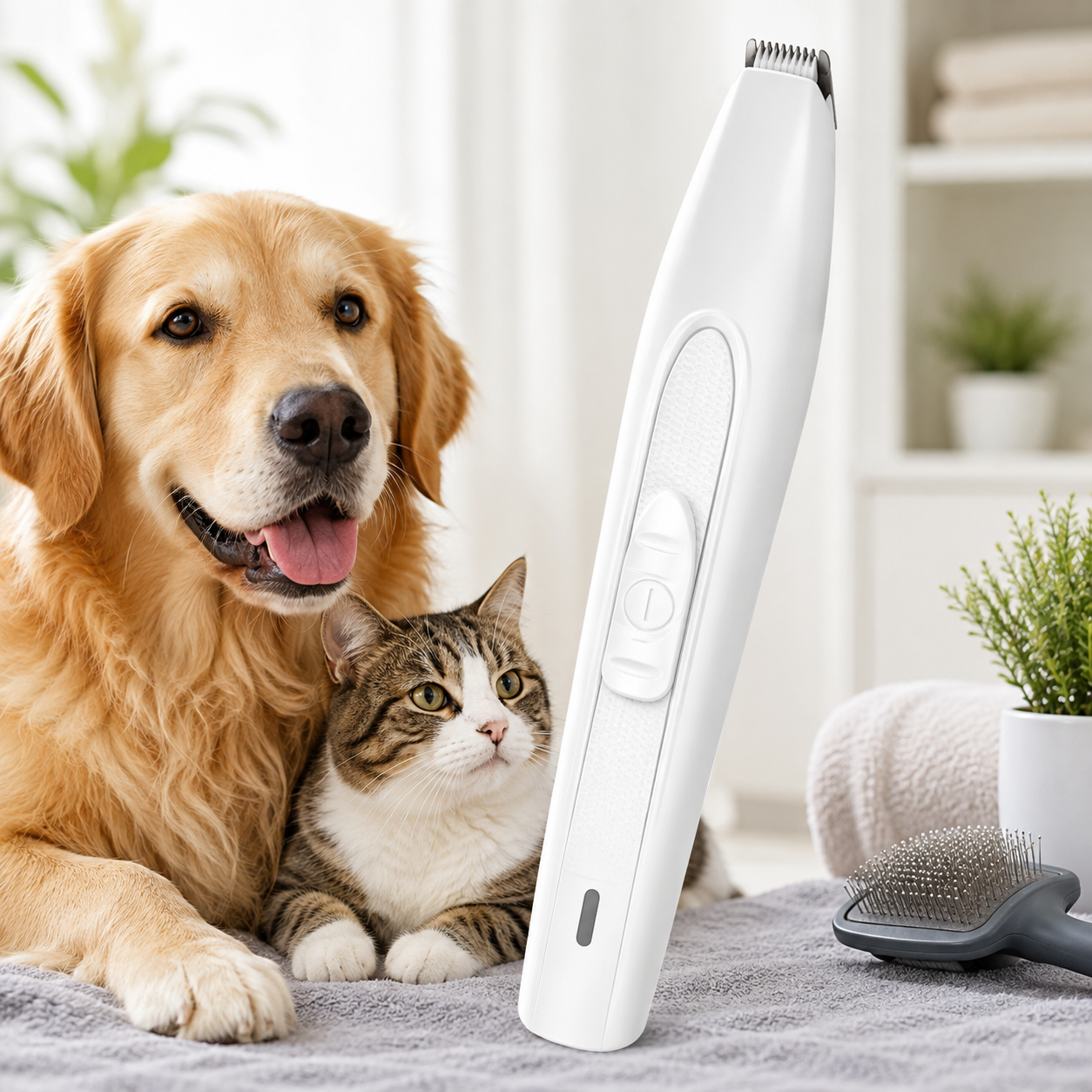 White rechargeable pet hair trimmer for dogs and cats displayed with a Golden Retriever and tabby cat