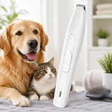 White rechargeable pet hair trimmer for dogs and cats displayed with a Golden Retriever and tabby cat