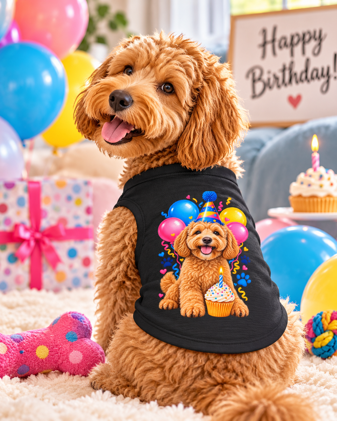 A fluffy golden-brown dog sits on a cream rug wearing a black pet shirt with a colorful birthday dog graphic. The background is a decorated birthday scene with balloons, wrapped gifts, a bone toy, and a 'Happy Birthday!' sign.