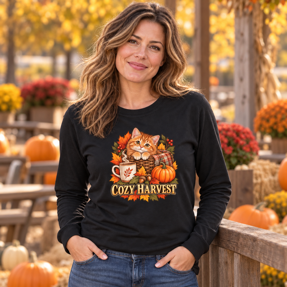 Person wearing a Cozy Harvest kitten long-sleeve shirt with an orange tabby, pumpkin and autumn foliage design
