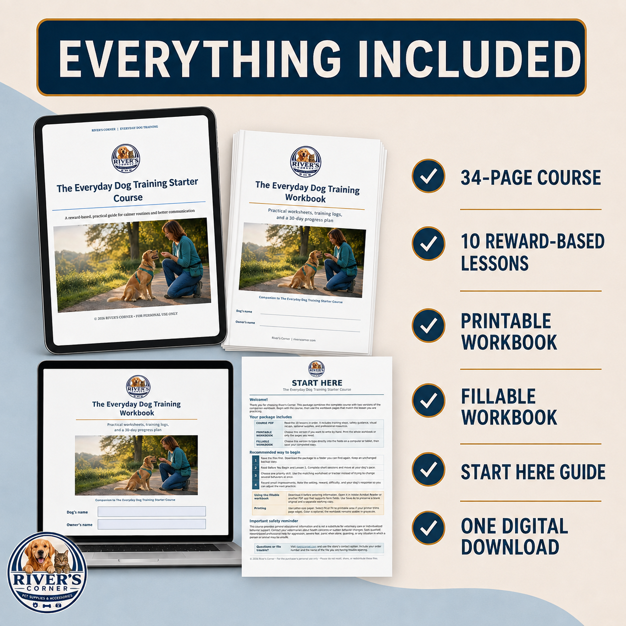 Dog training digital bundle with 34-page course, 10 lessons, printable workbook, fillable workbook and Start Here guide