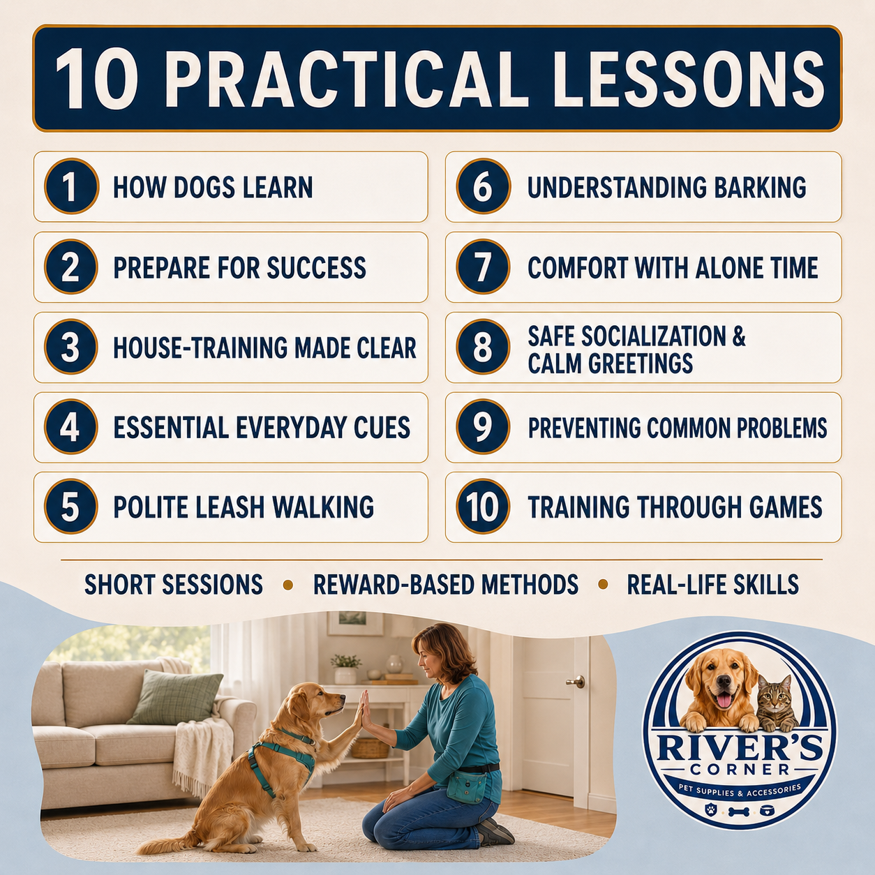 Ten reward-based dog training lessons covering everyday cues, house-training, leash walking, barking and socialization