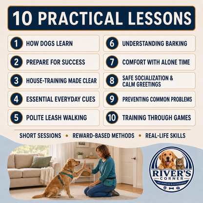 Ten reward-based dog training lessons covering everyday cues, house-training, leash walking, barking and socialization
