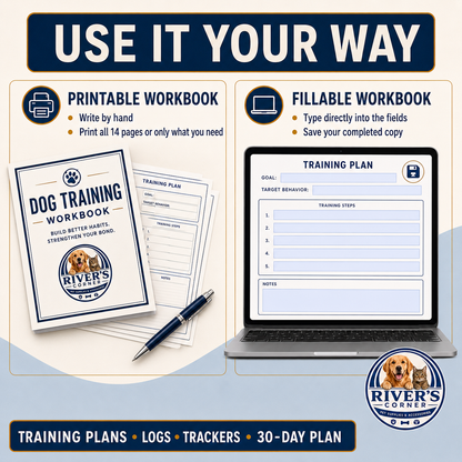 Printable and fillable dog training workbooks with training plans, logs, trackers and a 30-day plan