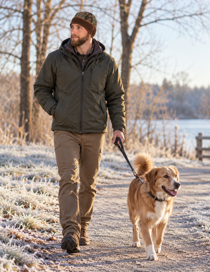 Man wearing a camouflage Heat Factory contour beanie while walking a golden dog on a frosty park path.