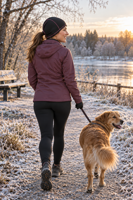 Woman in a black beanie with pink stitching and a low ponytail opening walking a golden dog on a frosty path.