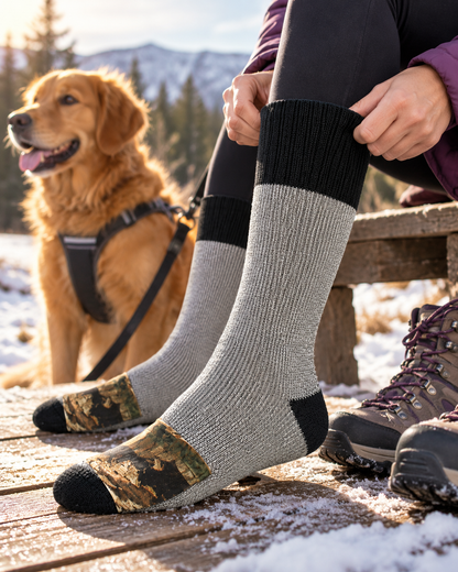 Person wearing Heat Factory heated acrylic socks beside a golden retriever on a snowy winter walk