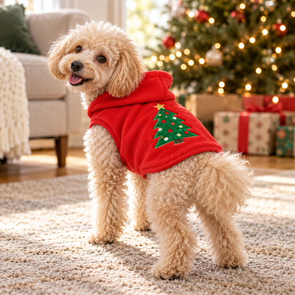 Small cream-colored dog wearing a red fleece Christmas tree costume beside a decorated Christmas tree.