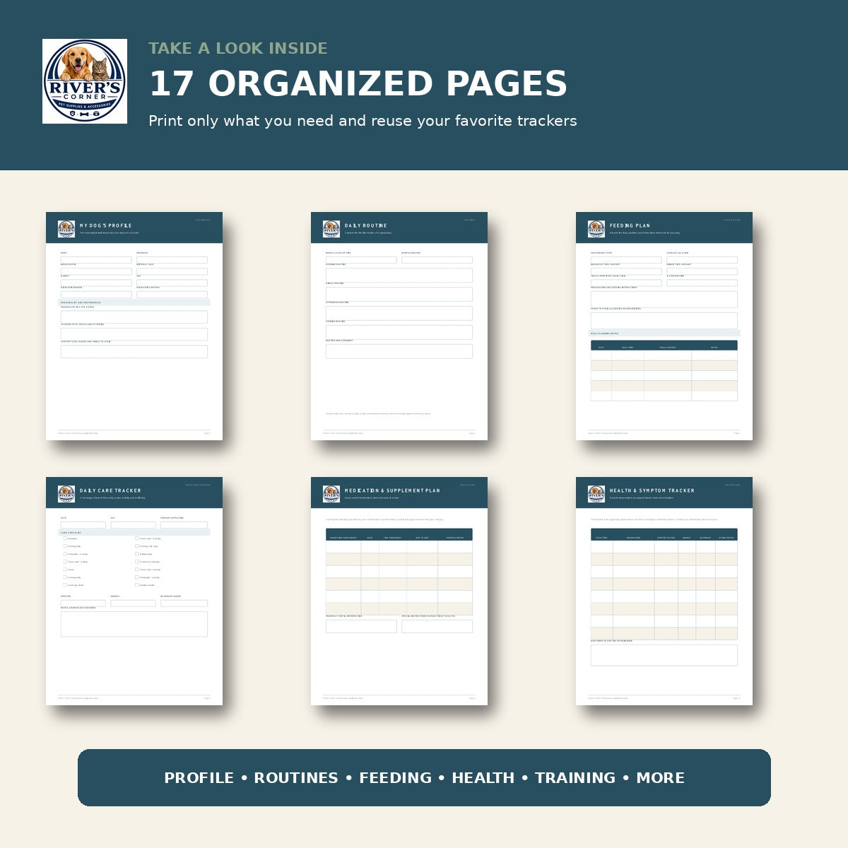Preview of pages included in the Rivers Corner Dog Care and Routine Planner