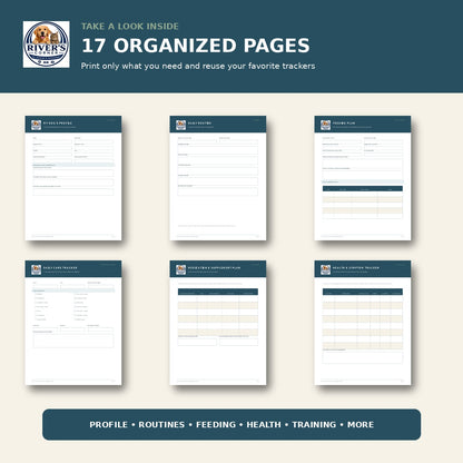 Preview of pages included in the Rivers Corner Dog Care and Routine Planner