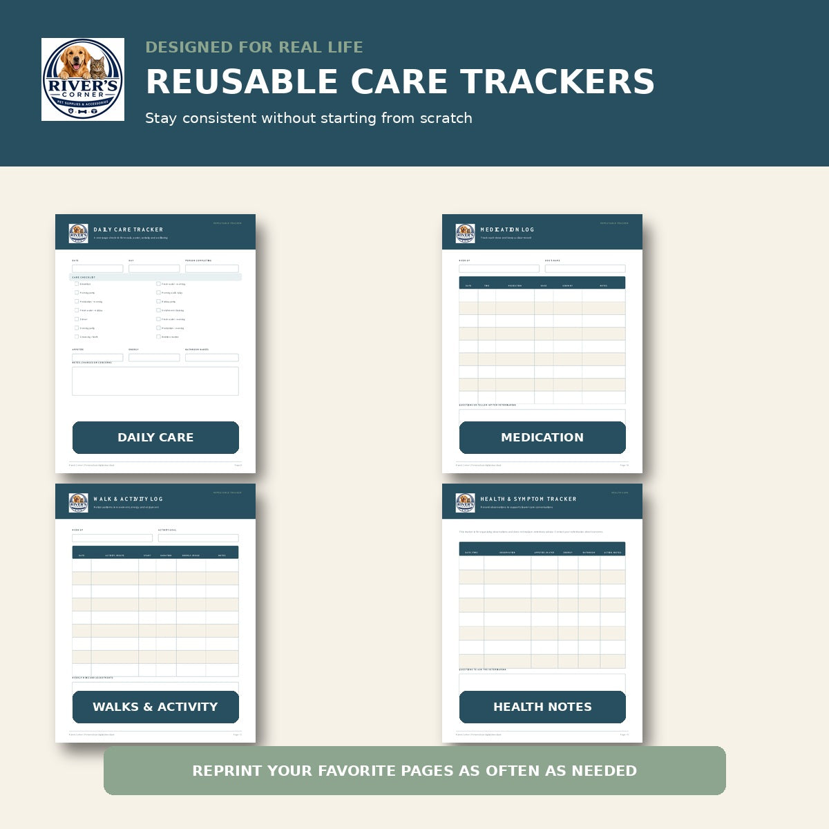 Reusable daily care, medication, walk and health trackers for dog owners