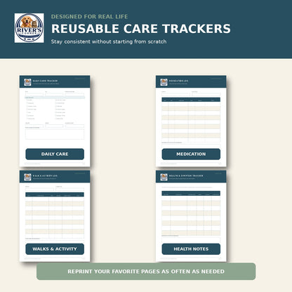 Reusable daily care, medication, walk and health trackers for dog owners