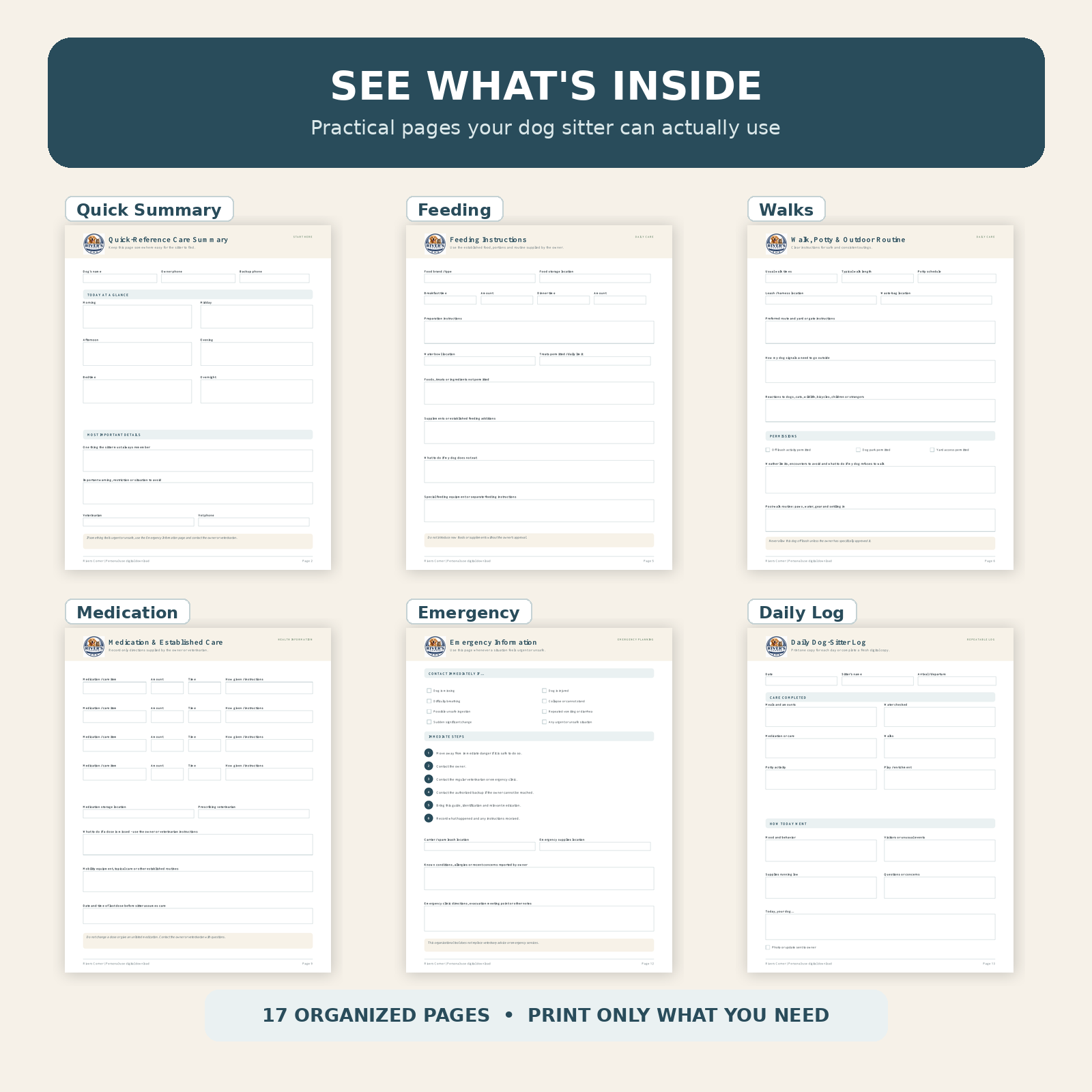 Preview of dog sitter care pack pages for feeding, walks, medication, emergencies and daily care logs