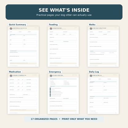 Preview of dog sitter care pack pages for feeding, walks, medication, emergencies and daily care logs