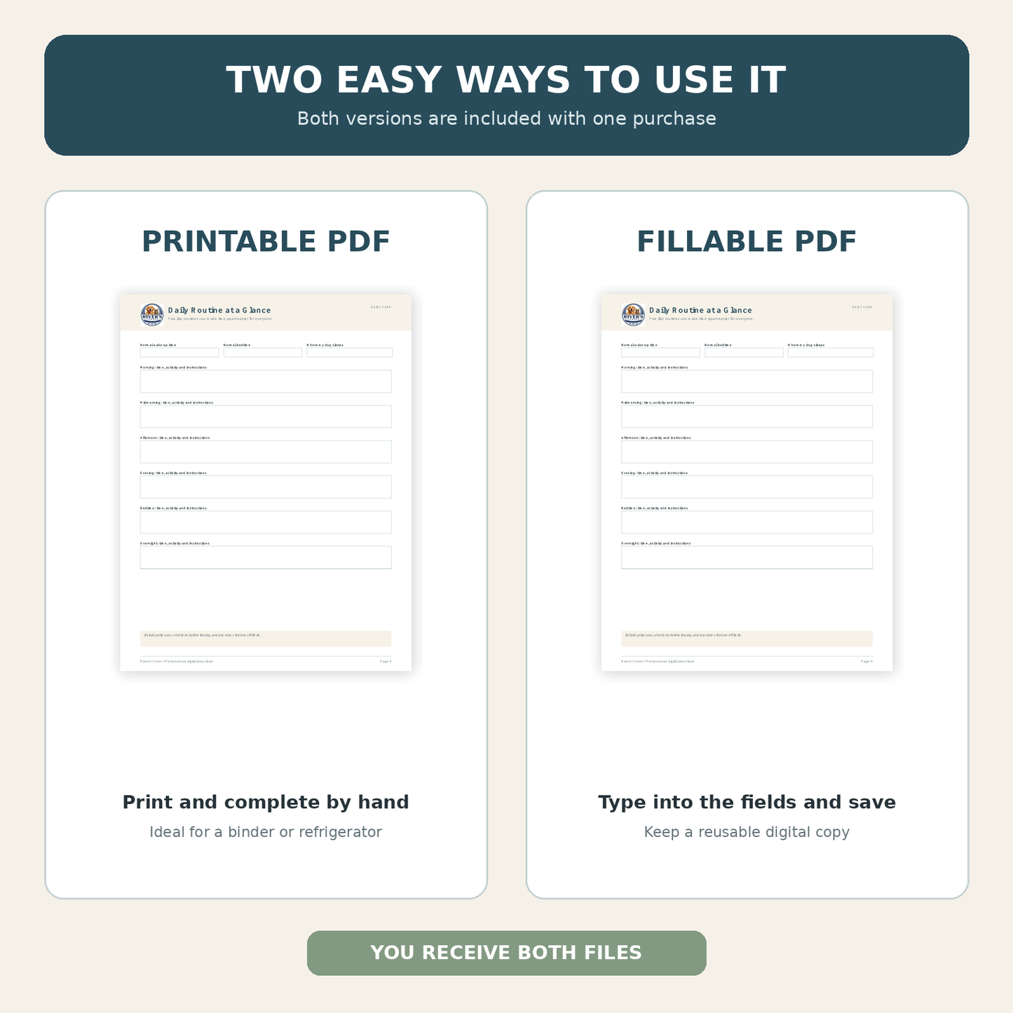 Printable and fillable PDF versions of the Rivers Corner Dog Sitter Care Pack