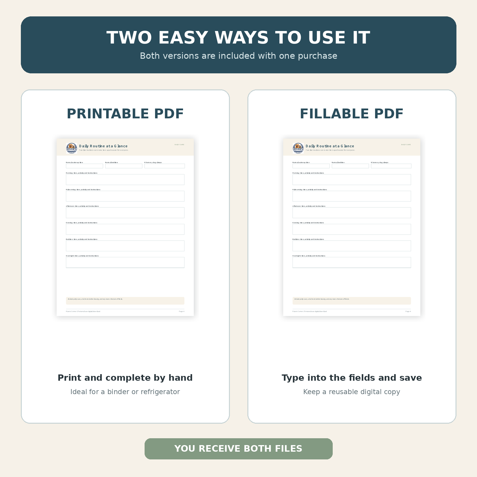 Printable and fillable PDF versions of the Rivers Corner Dog Sitter Care Pack