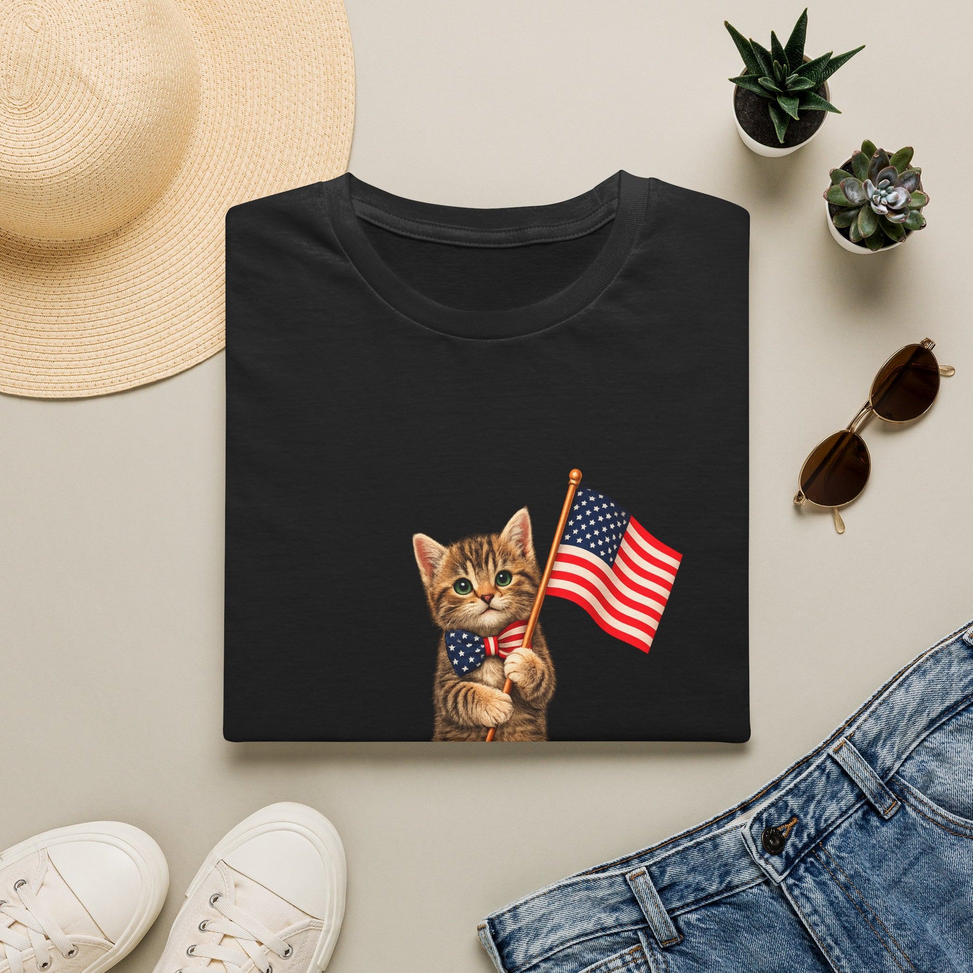 Black t-shirt with a cat holding an American flag design, surrounded by a hat, sunglasses, shoes, and plants on a light surface.