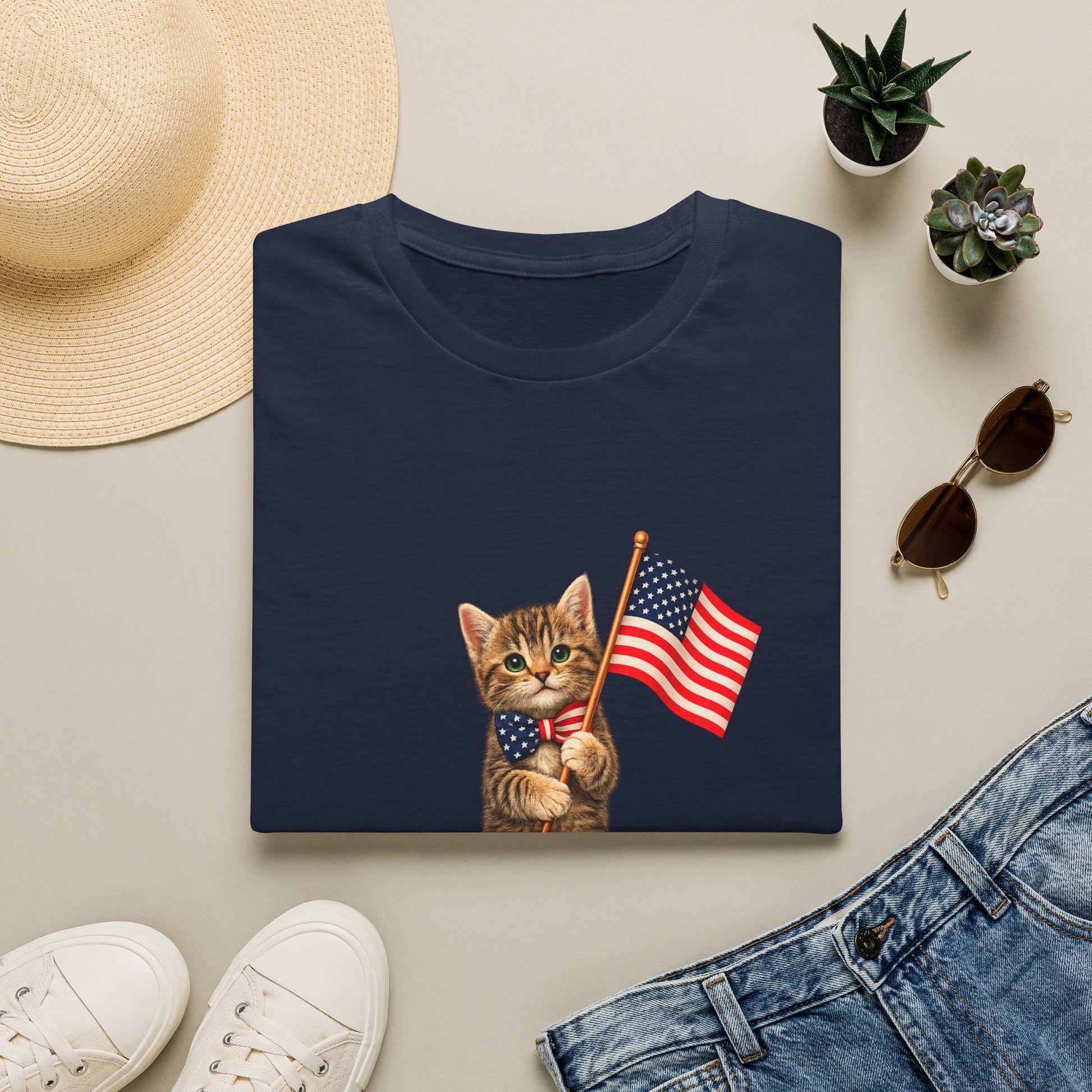 Navy blue t-shirt with a cat holding an American flag design, placed on a light surface with a hat, sunglasses, and jeans.