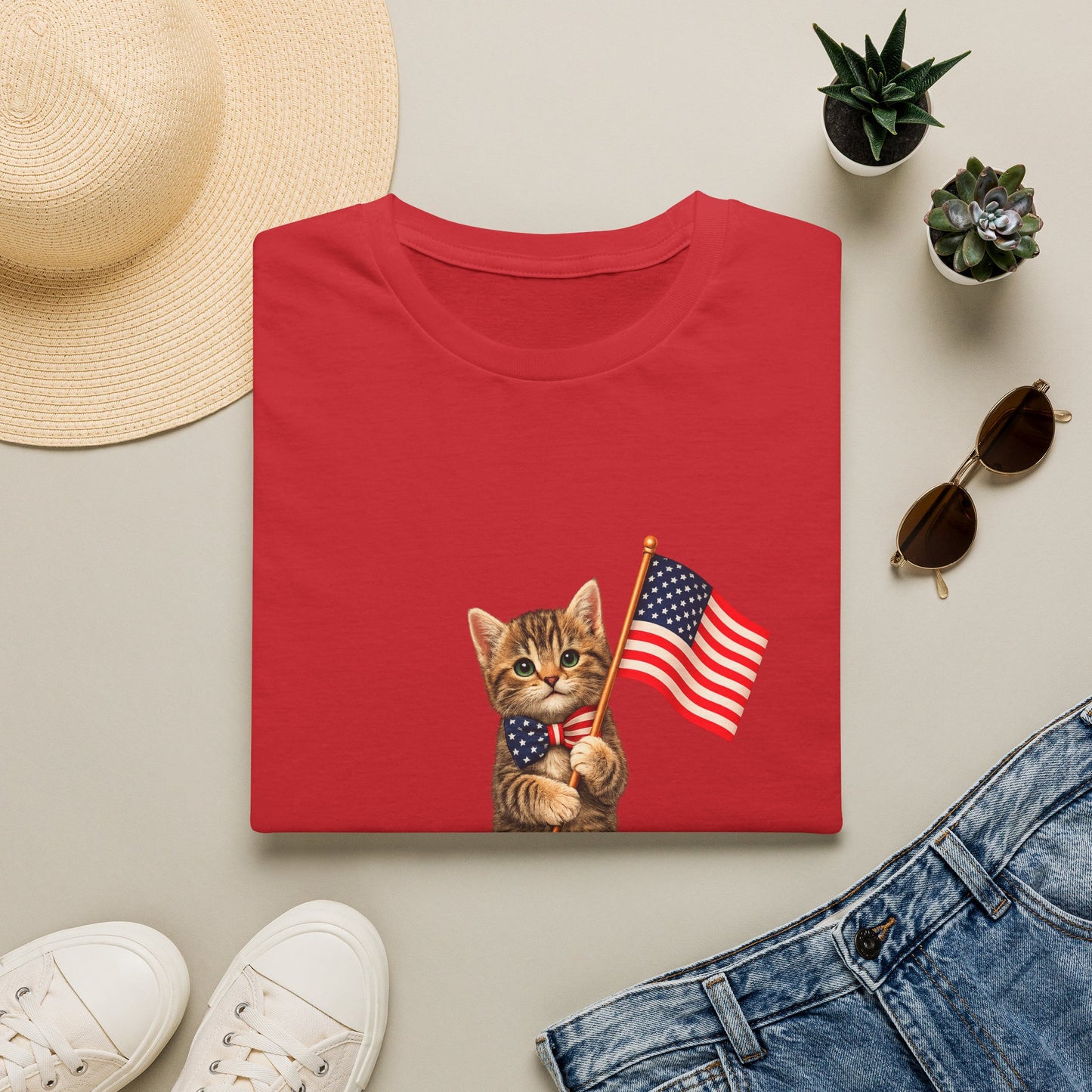 Red t-shirt with a kitten holding an American flag design, surrounded by a hat, sunglasses, shoes, and plants on a light surface.