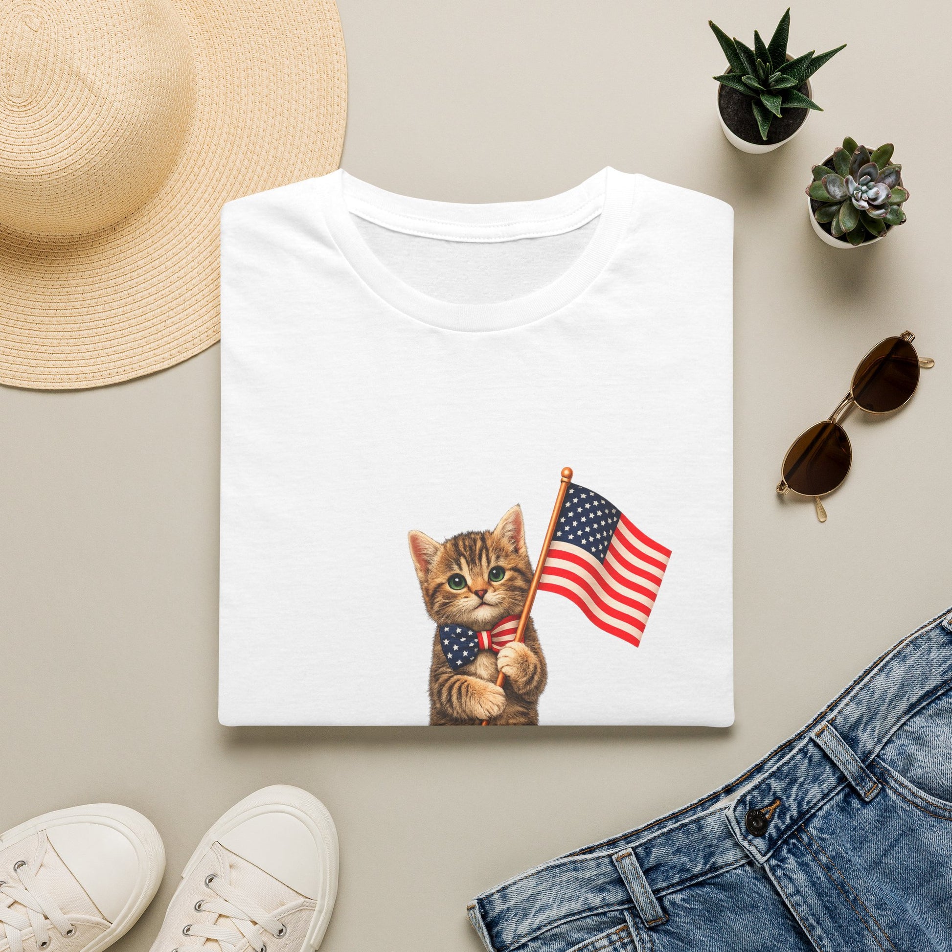 White t-shirt with a kitten holding an American flag design, surrounded by a hat, sunglasses, shoes, and plants on a beige surface.