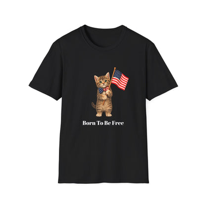 Black t-shirt with a cat holding an American flag and 'Born To Be Free' text on a white background