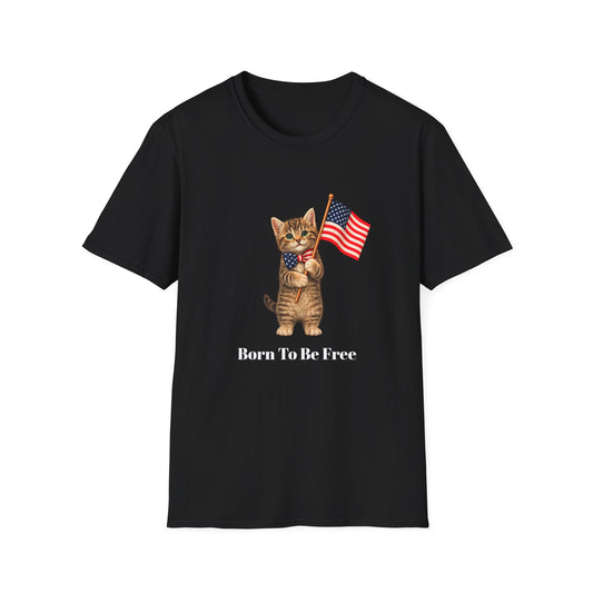 Black t-shirt with a cat holding an American flag and 'Born To Be Free' text on a white background