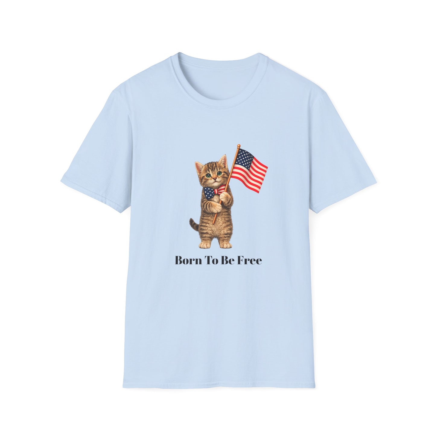 Light blue t-shirt with a cat holding an American flag and 'Born To Be Free' text on a white background