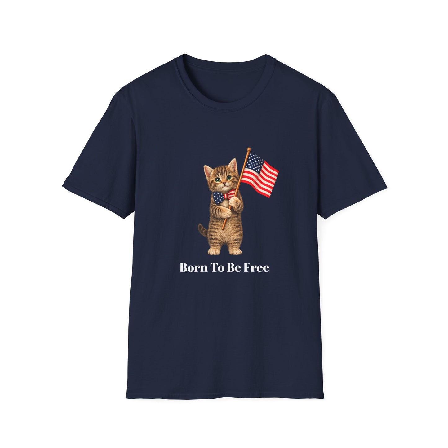 Navy blue t-shirt with a cat holding an American flag and 'Born To Be Free' text on a white background