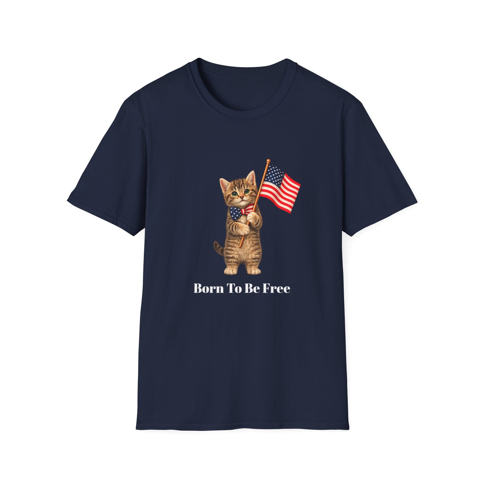 Navy blue t-shirt with a cat holding an American flag and 'Born To Be Free' text on a white background