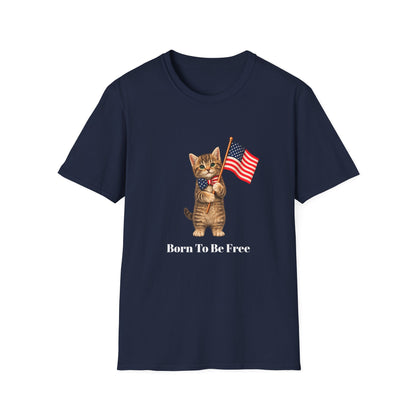 Navy blue t-shirt with a cat holding an American flag and 'Born To Be Free' text on a white background