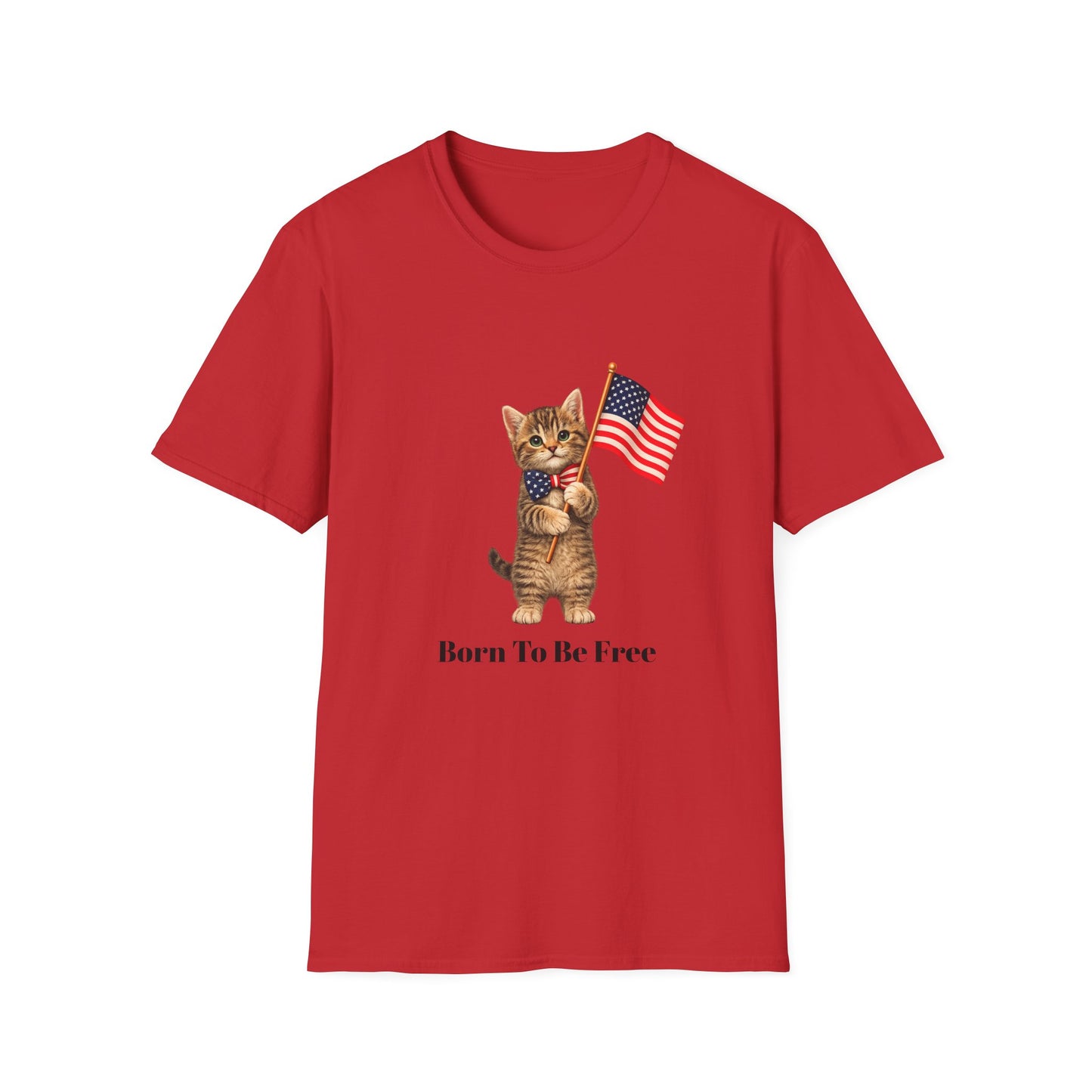 Red t-shirt with a cat holding an American flag and 'Born To Be Free' text on a white background