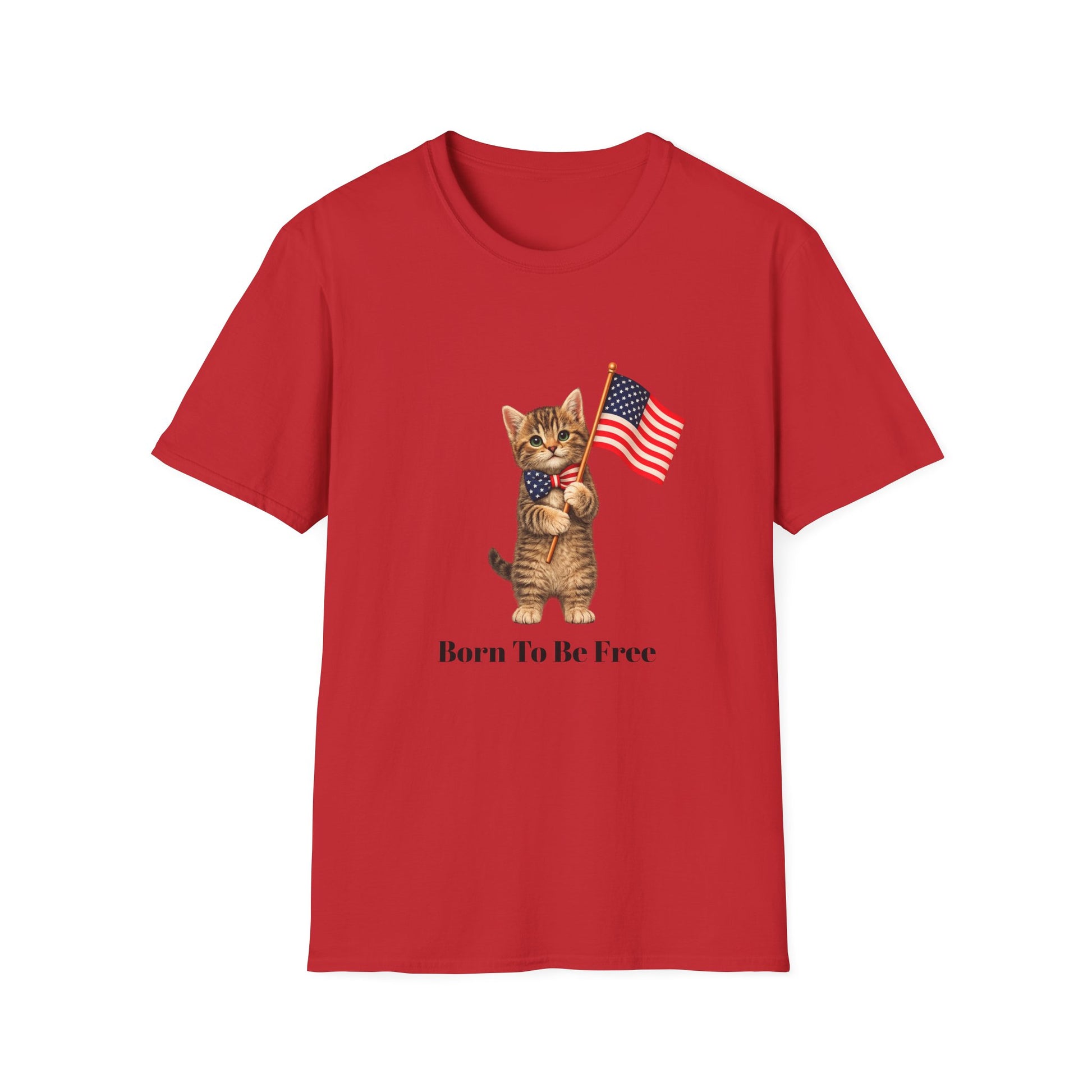 Red t-shirt with a cat holding an American flag and 'Born To Be Free' text on a white background