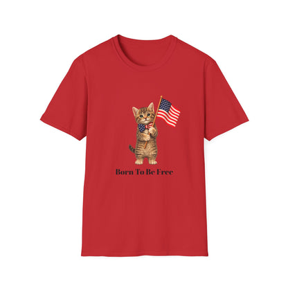 Red t-shirt with a cat holding an American flag and 'Born To Be Free' text on a white background