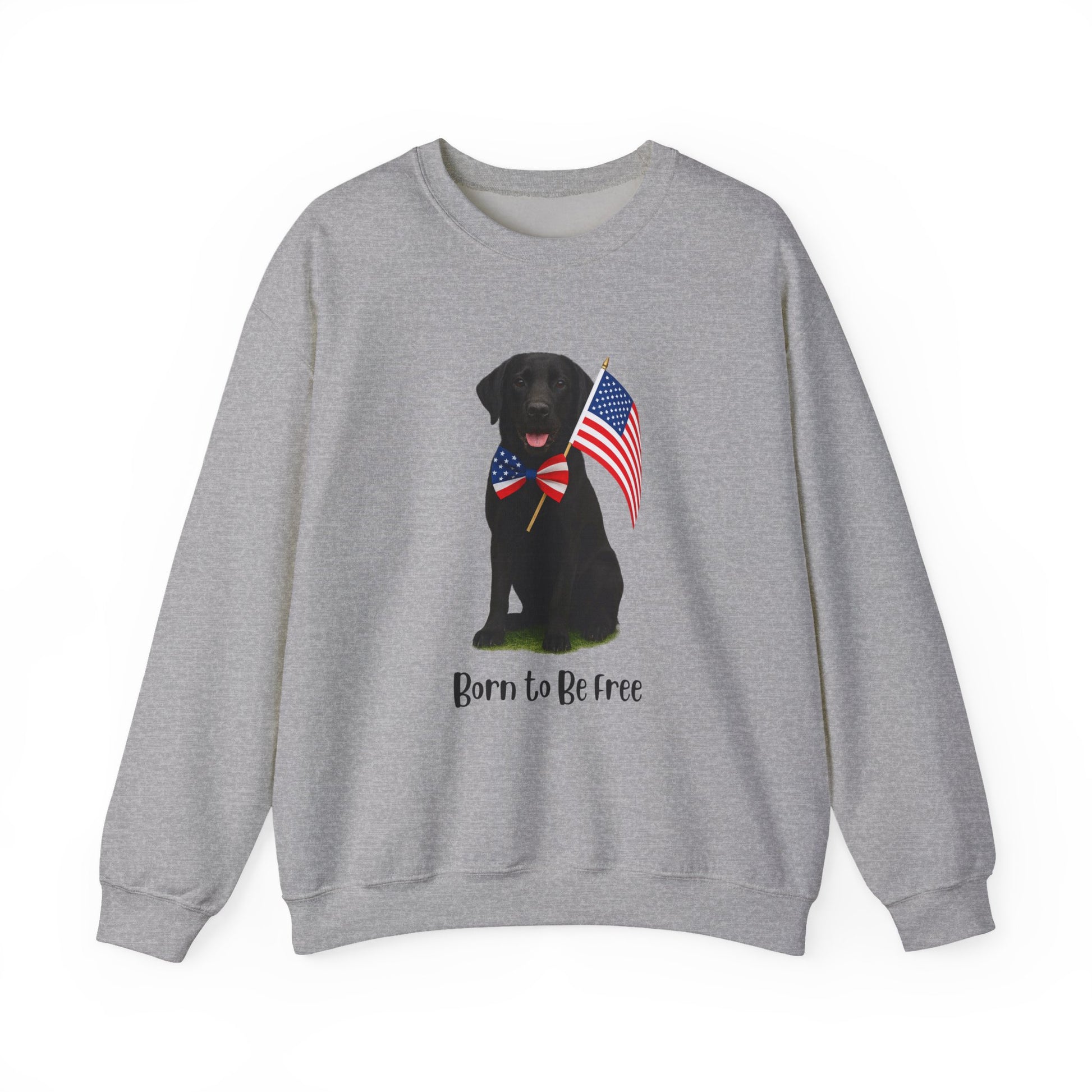 Gray sweatshirt with a black dog holding American flags and 'Born to Be Free' text on a white background