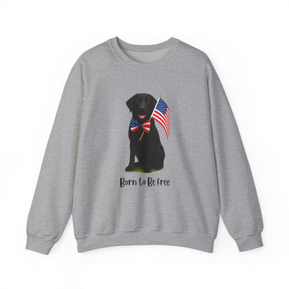 Gray sweatshirt with a black dog holding American flags and 'Born to Be Free' text on a white background