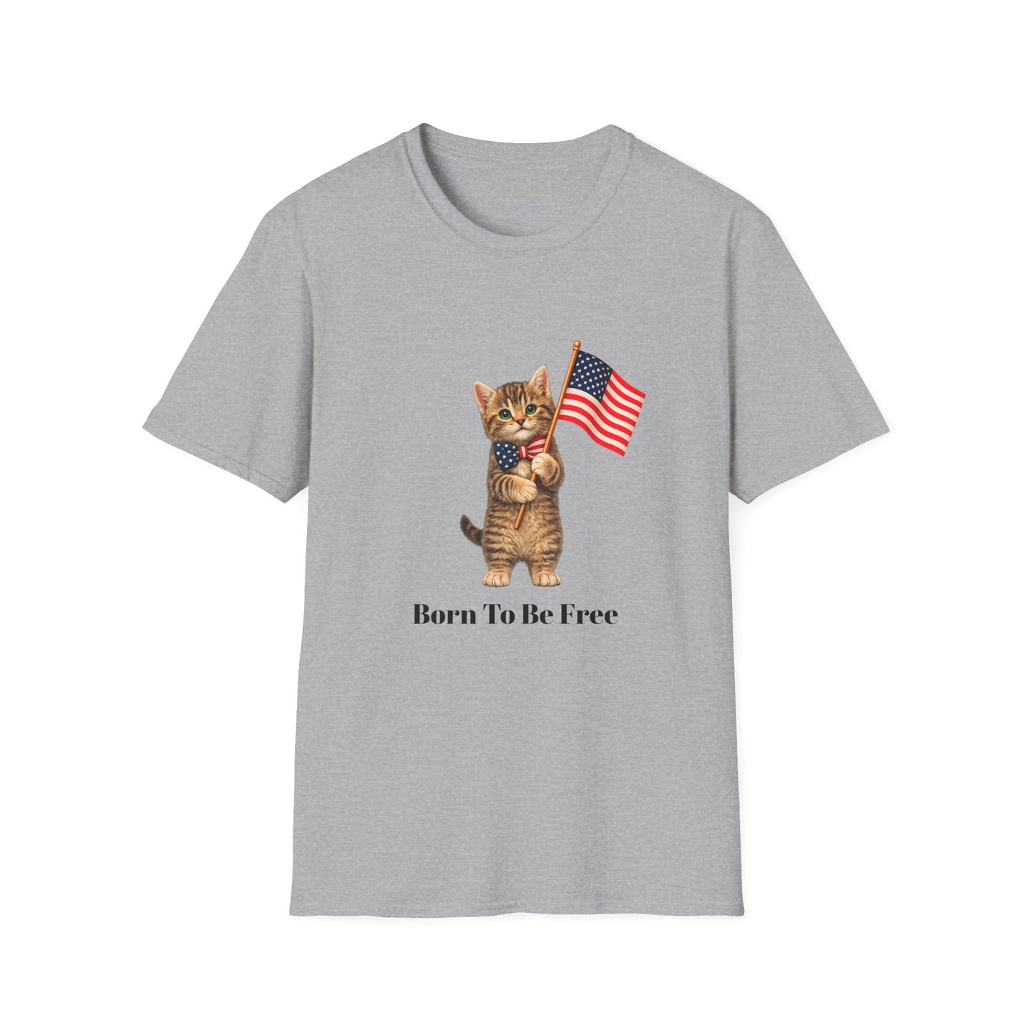 Gray t-shirt with a cat holding American flags and 'Born To Be Free' text on a white background