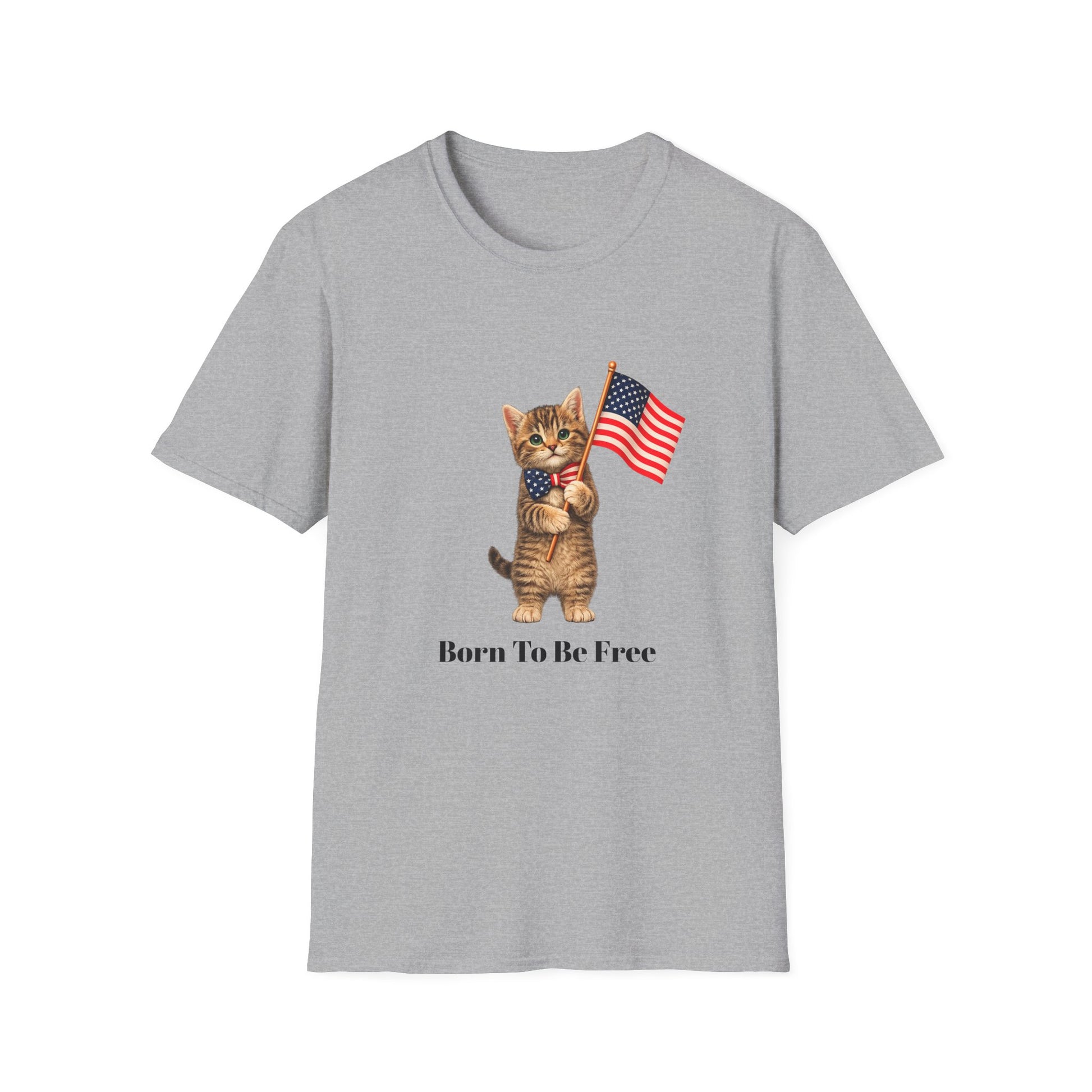 Gray t-shirt with a cat holding American flags and 'Born To Be Free' text on a white background