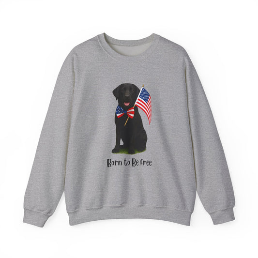 Gray sweatshirt with a black dog holding American flags and 'Born to Be Free' text on a white background