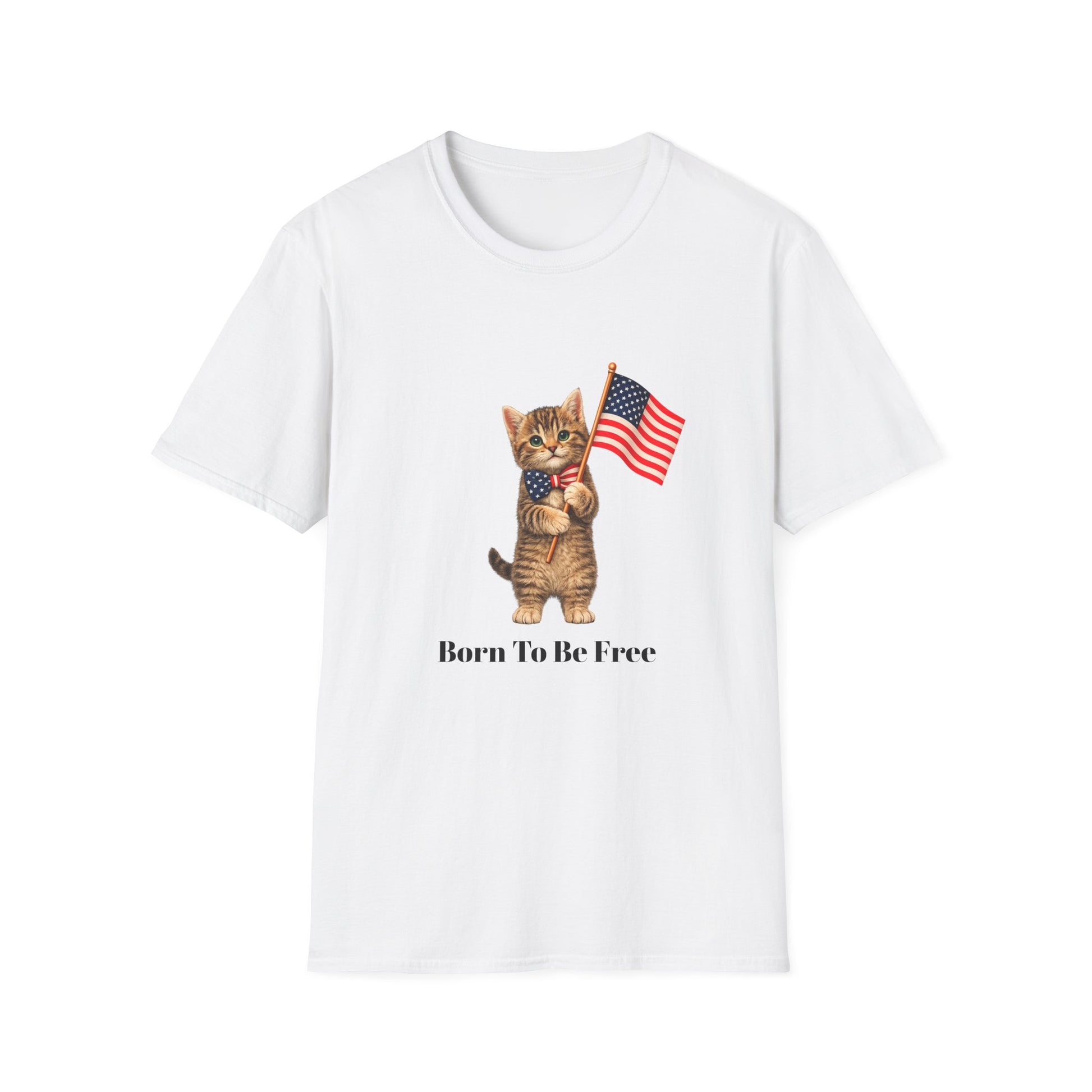 White t-shirt with a cat holding an American flag and 'Born To Be Free' text on a white background